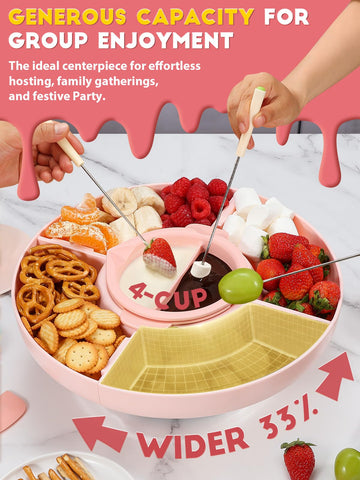 LUSHYUM fondue set rotating tray enables easy self-serve dipping.