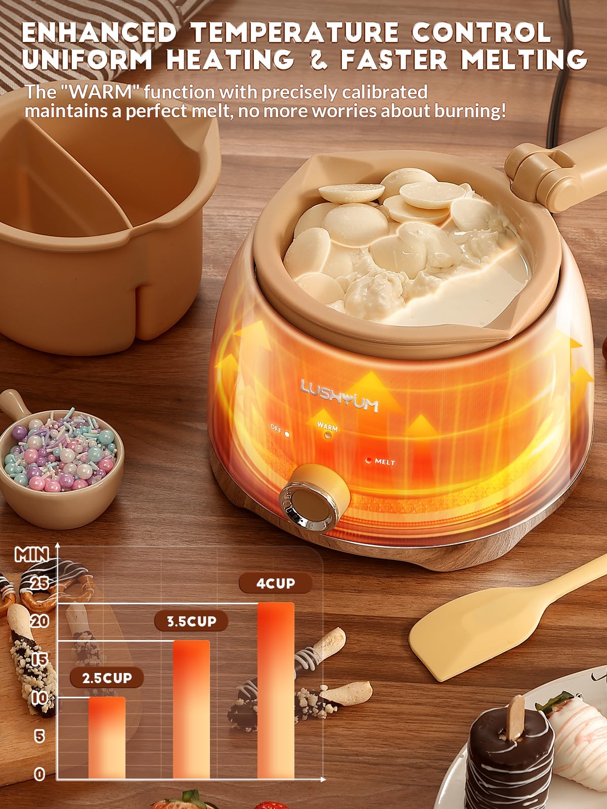 LUSHYUM spatula included for easy stirring and precise mixing.
