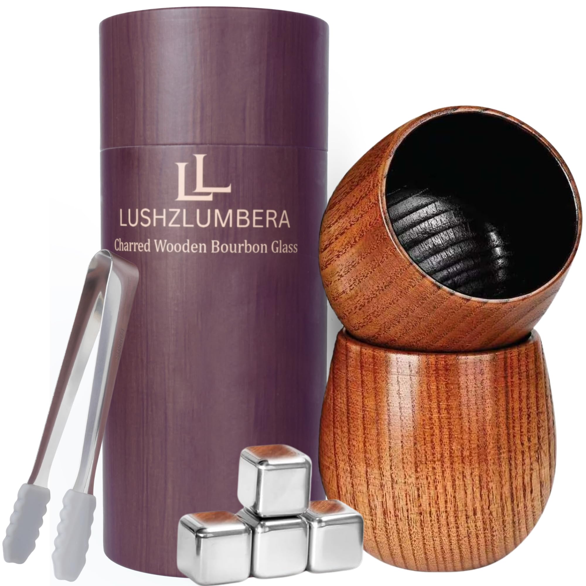LUSHZLUMBERA charred oak whiskey glasses 2-pack showcased for premium tasting