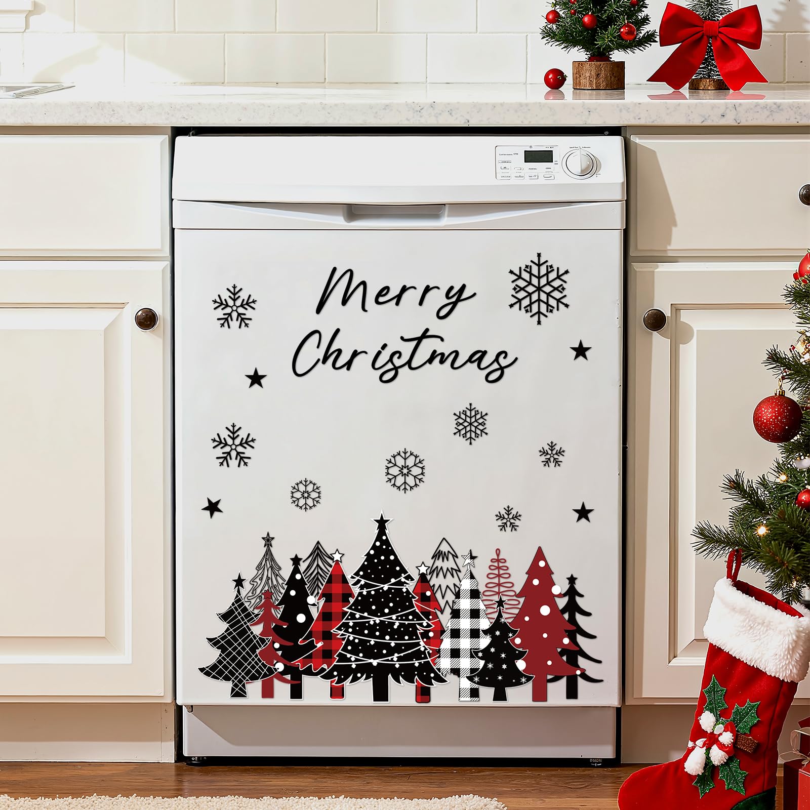 LUUFILx Merry Christmas magnets on dishwasher plaid design brighten holiday kitchen surfaces
