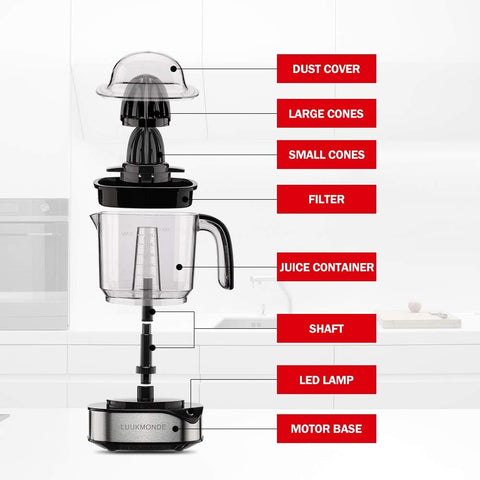Luukmonde citrus juicer includes a protective dust cover to keep the jug clean.