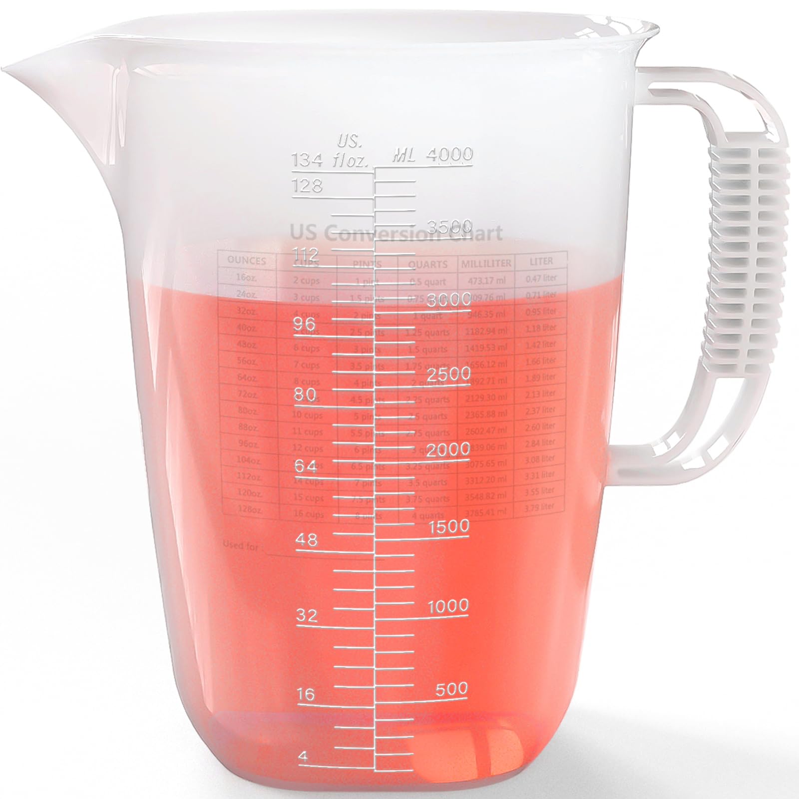 Luvan 1 gallon measuring pitcher showing 134oz capacity for precise batching