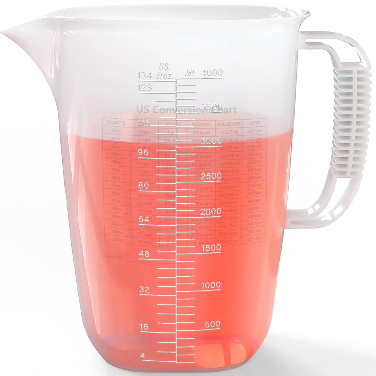 Luvan 1 gallon measuring pitcher showing 134oz capacity for precise batching