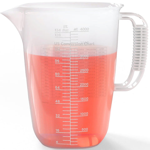 Luvan 1 gallon measuring pitcher showing 134oz capacity for precise batching