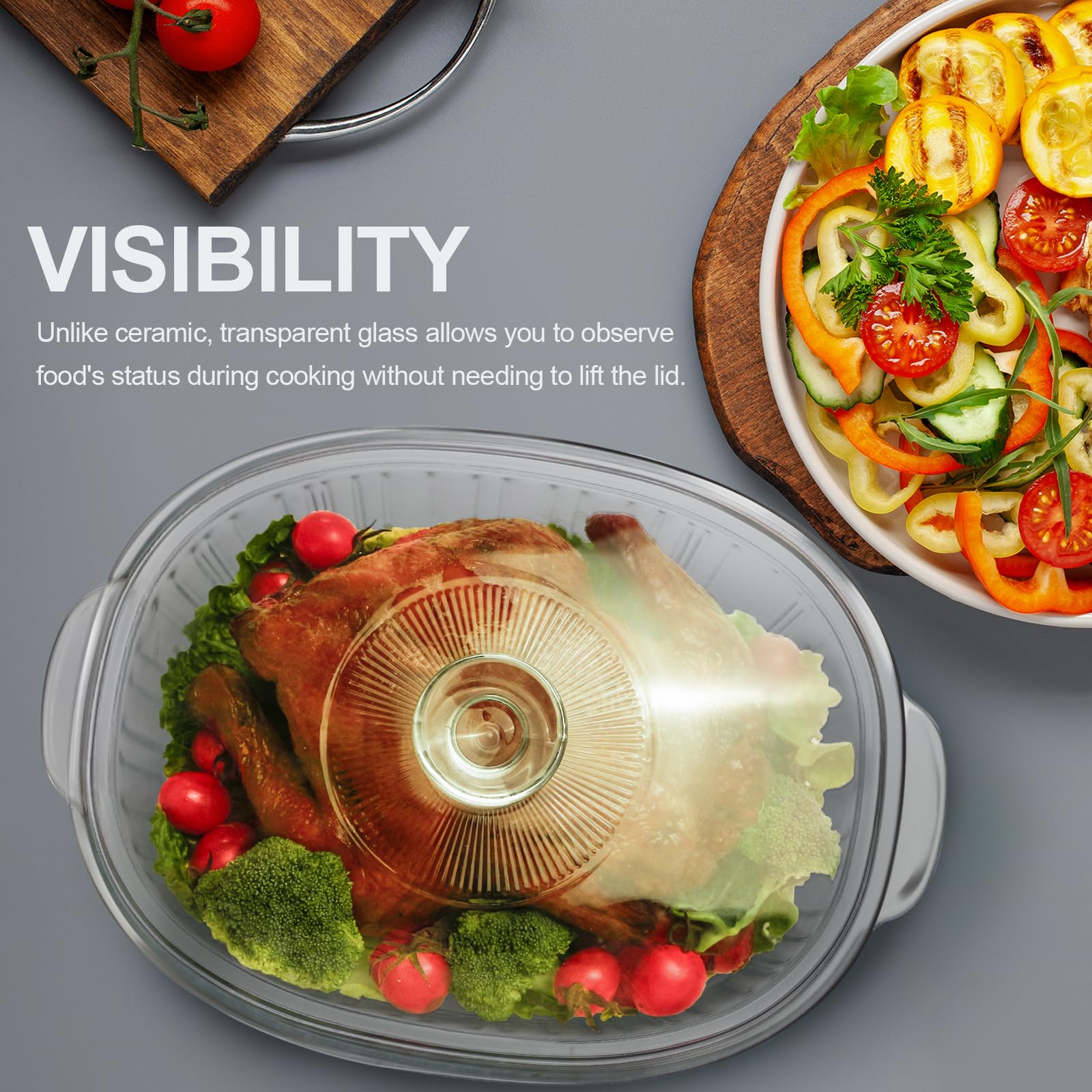 Luvan glass lid with knob seals moisture during cooking.