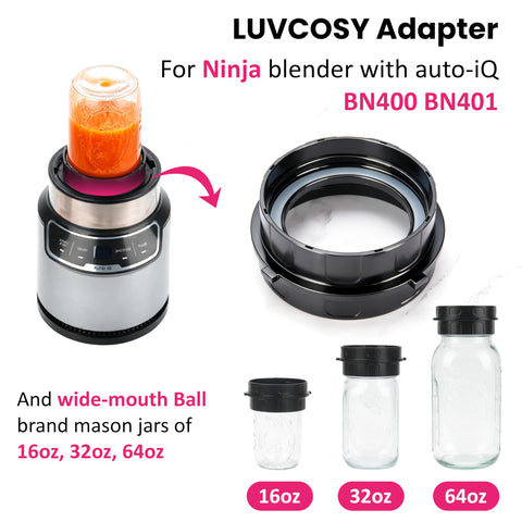 LUVCOSY adapter connects Ball mason jar to Ninja BN401 for easy blending.