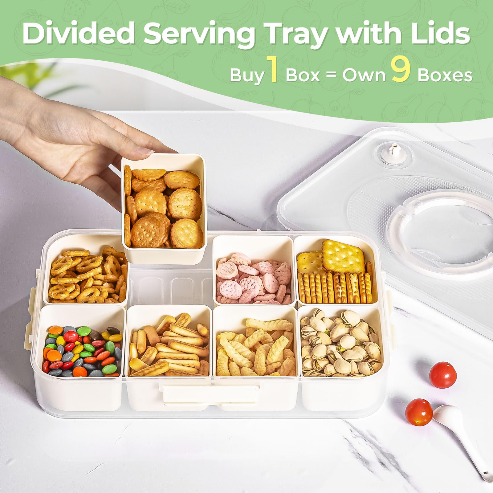 LUXEAR eight-compartment snack container for organized snacking.