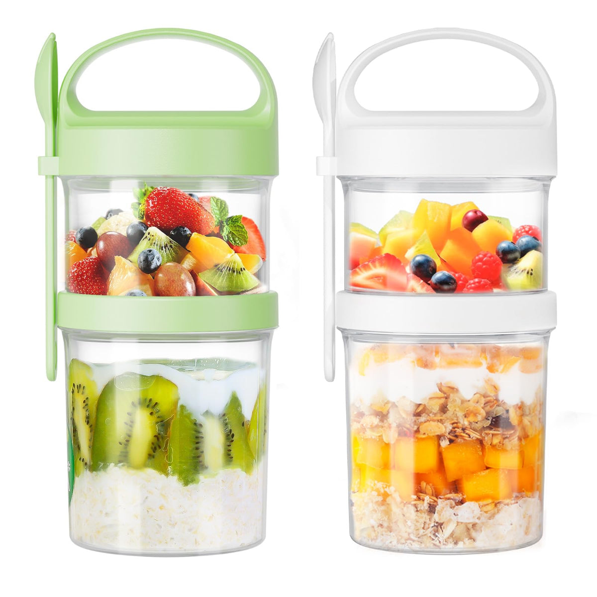 Luxear dual-layer oats container top view showing fresh ingredients