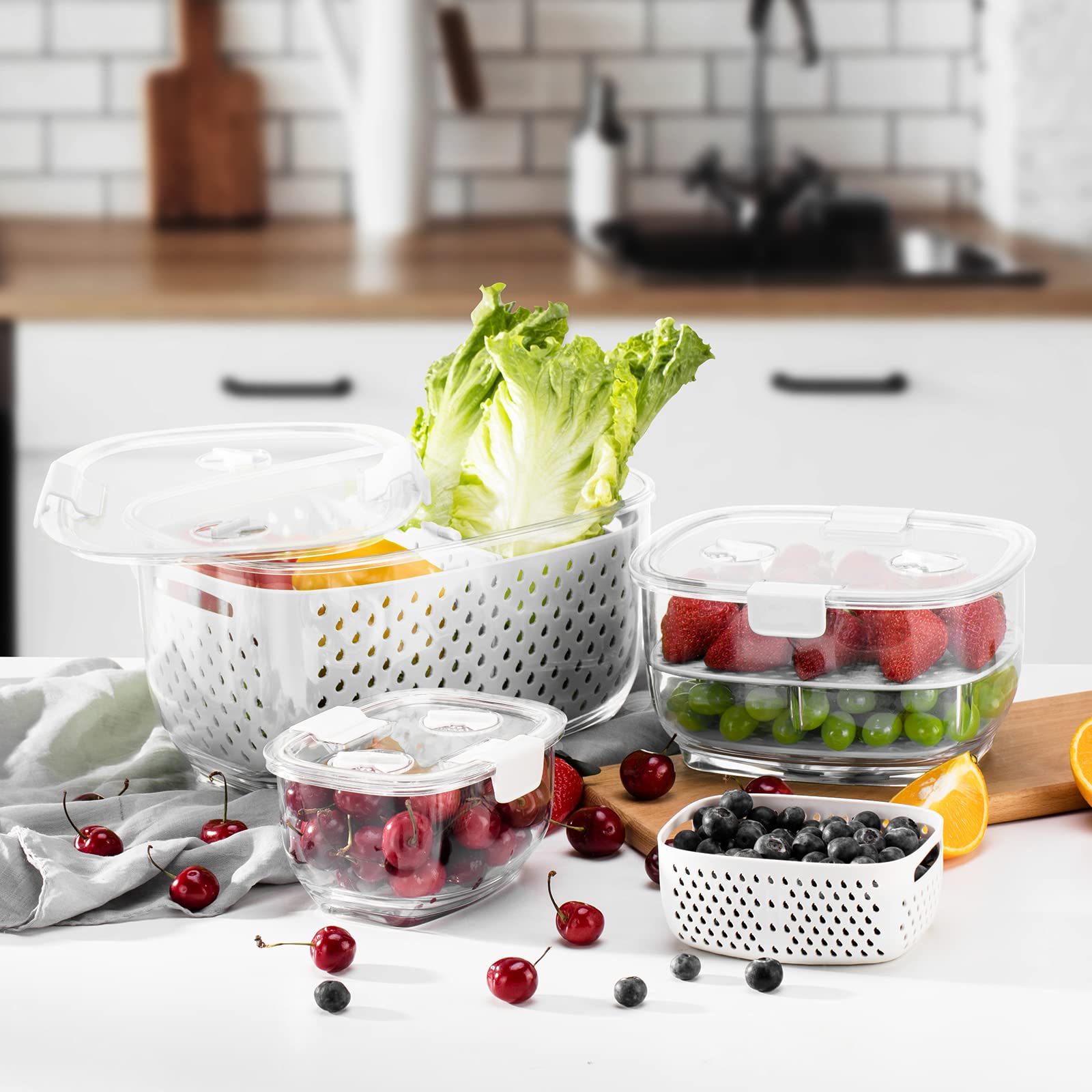 LUXEAR multiuse storage for washing, draining, and storing produce efficiently.