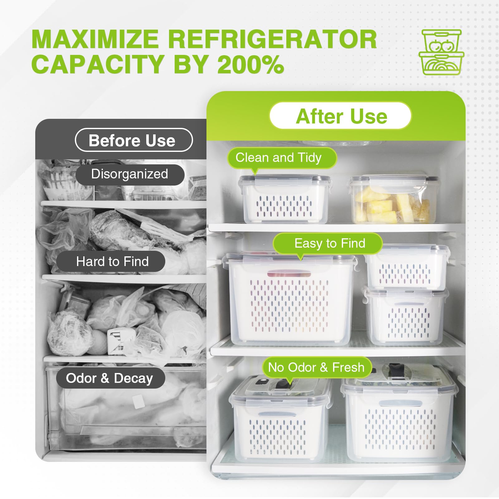 Luxear Stackable Nestable Design – space-saving fridge organization.
