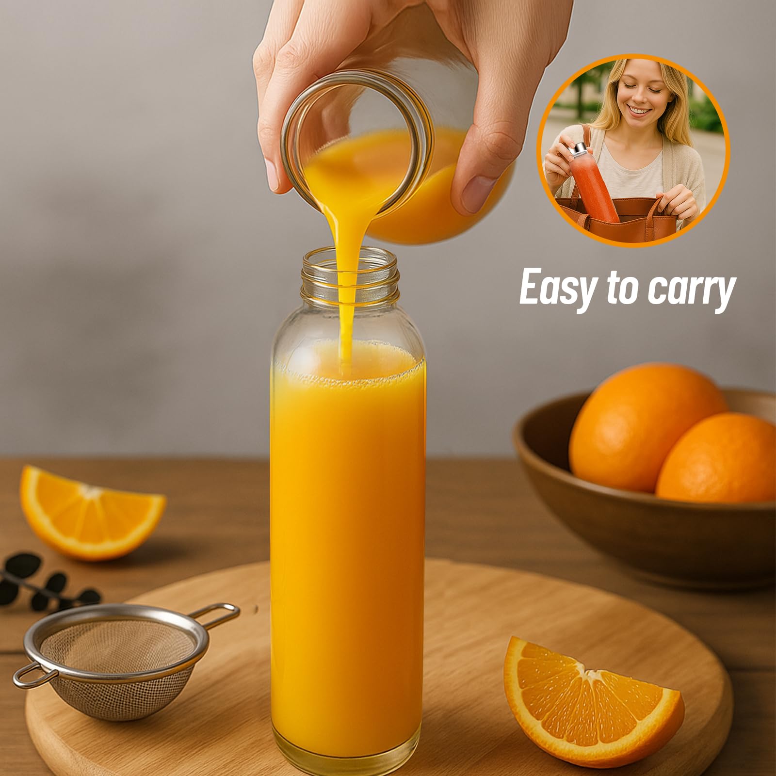 Luxfuel BPA-free glass bottle suitable for juice, water, or cold beverages.