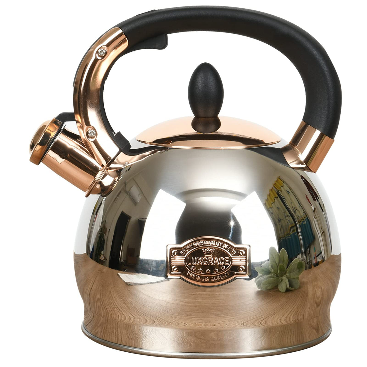 LuxGrace stainless steel tea kettle with whistle for quick boiling and easy pouring.