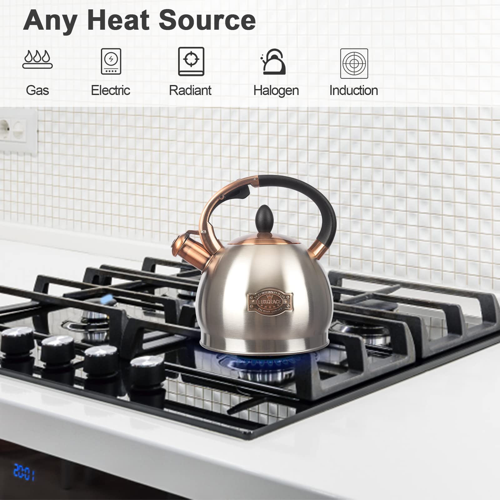 LuxGrace kettle handle close-up highlighting the cool-grip pour control