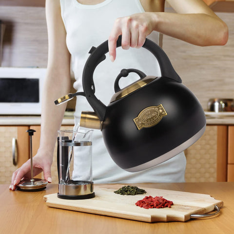 LuxGrace tea kettle complements kitchen aesthetics with a bold stainless finish.