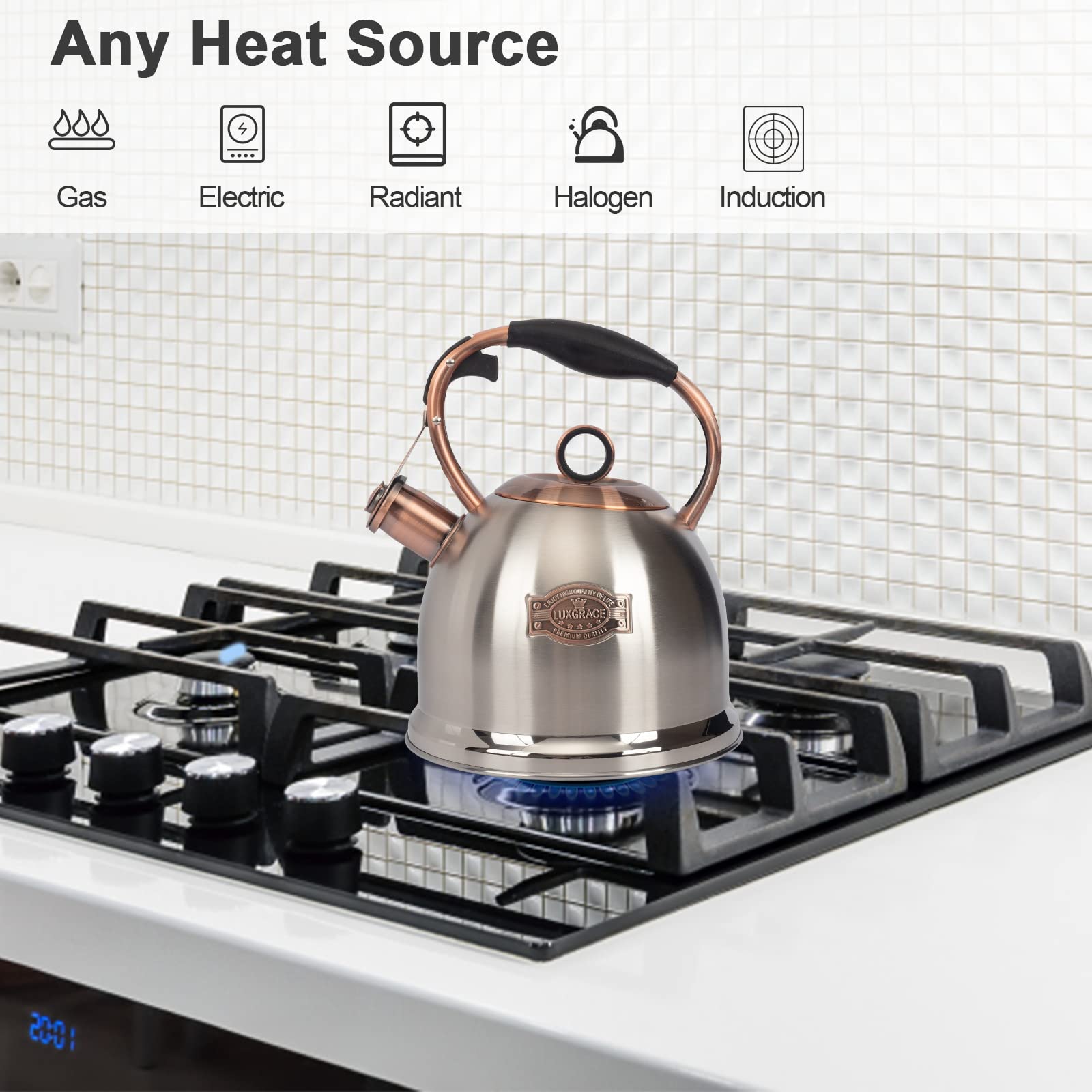 LuxGrace tea kettle lid and whistle close-up highlighting a clear boil alert