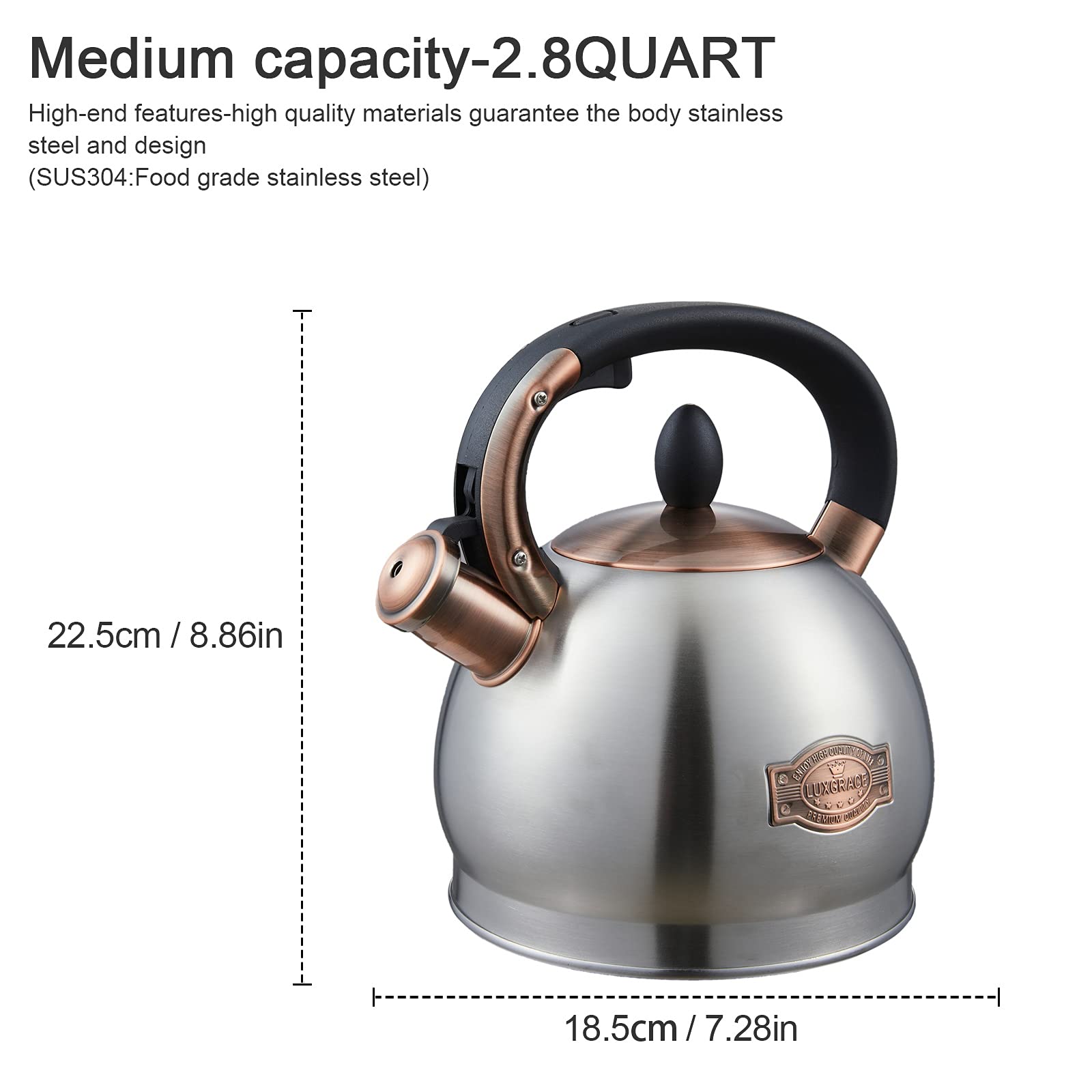 LUXGRACE tea kettle on stove showing compatibility with multiple cooktops.