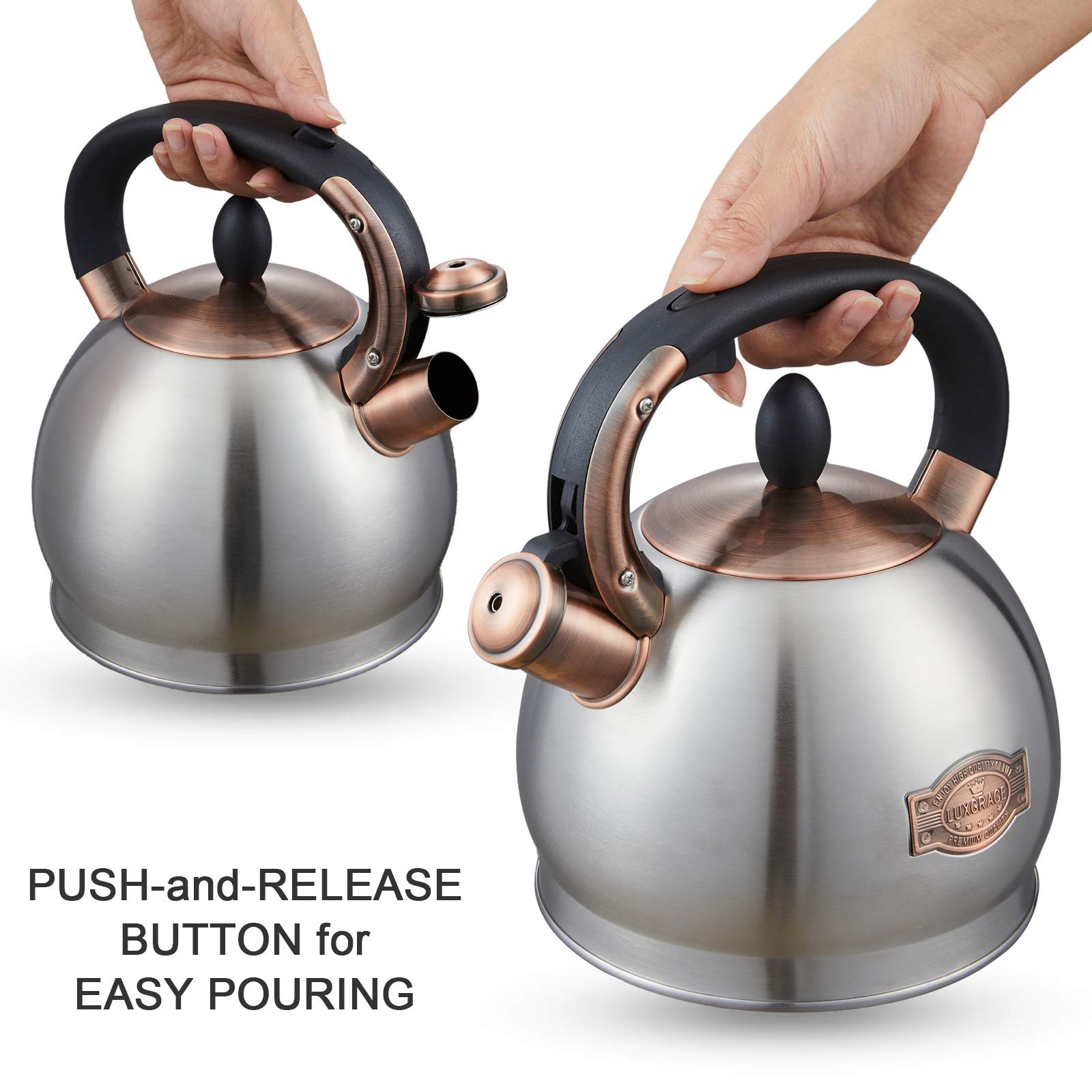 LUXGRACE tea kettle spout with flip-top for controlled pouring.