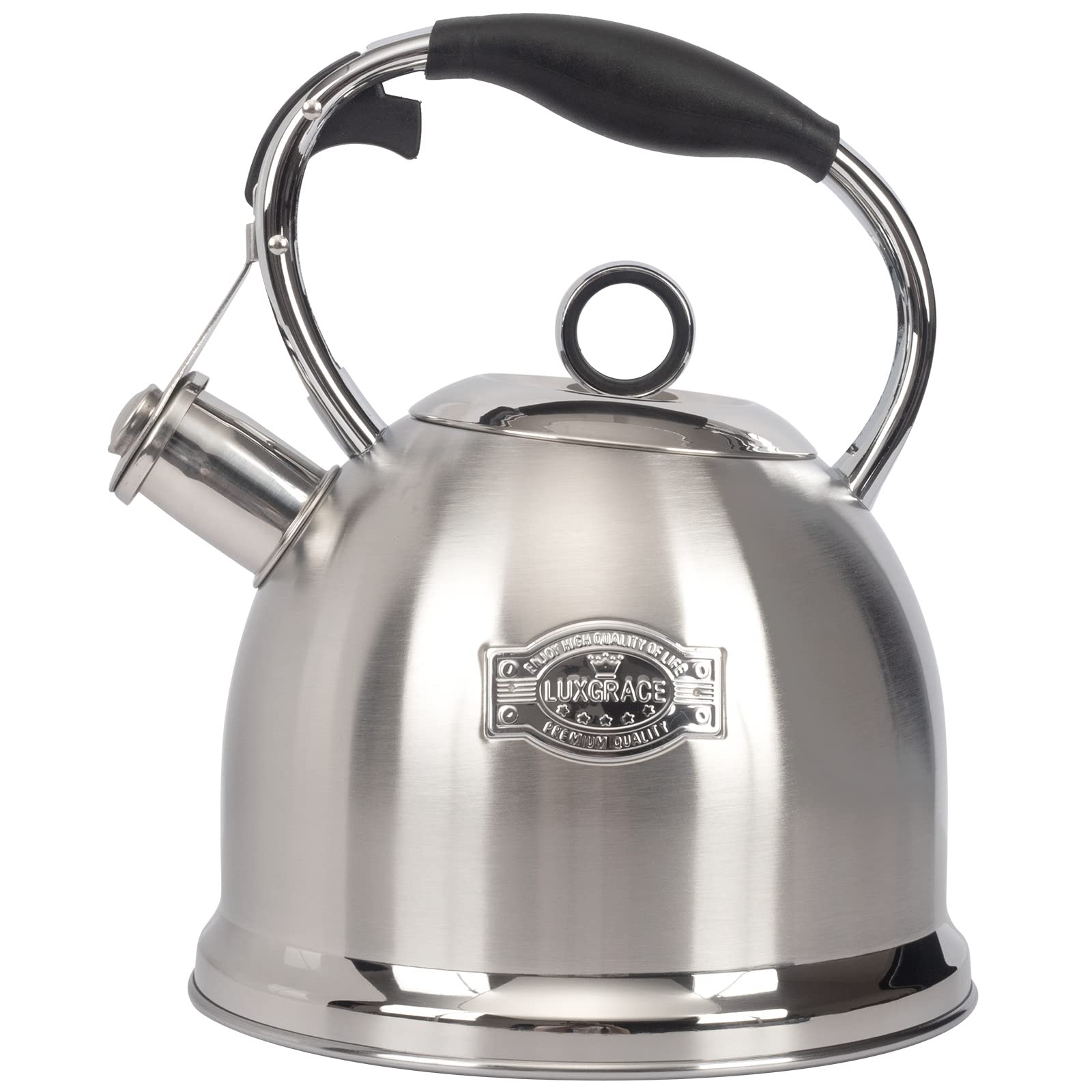 LUXGRACE tea kettle body on stove showing durable stainless steel design and finish