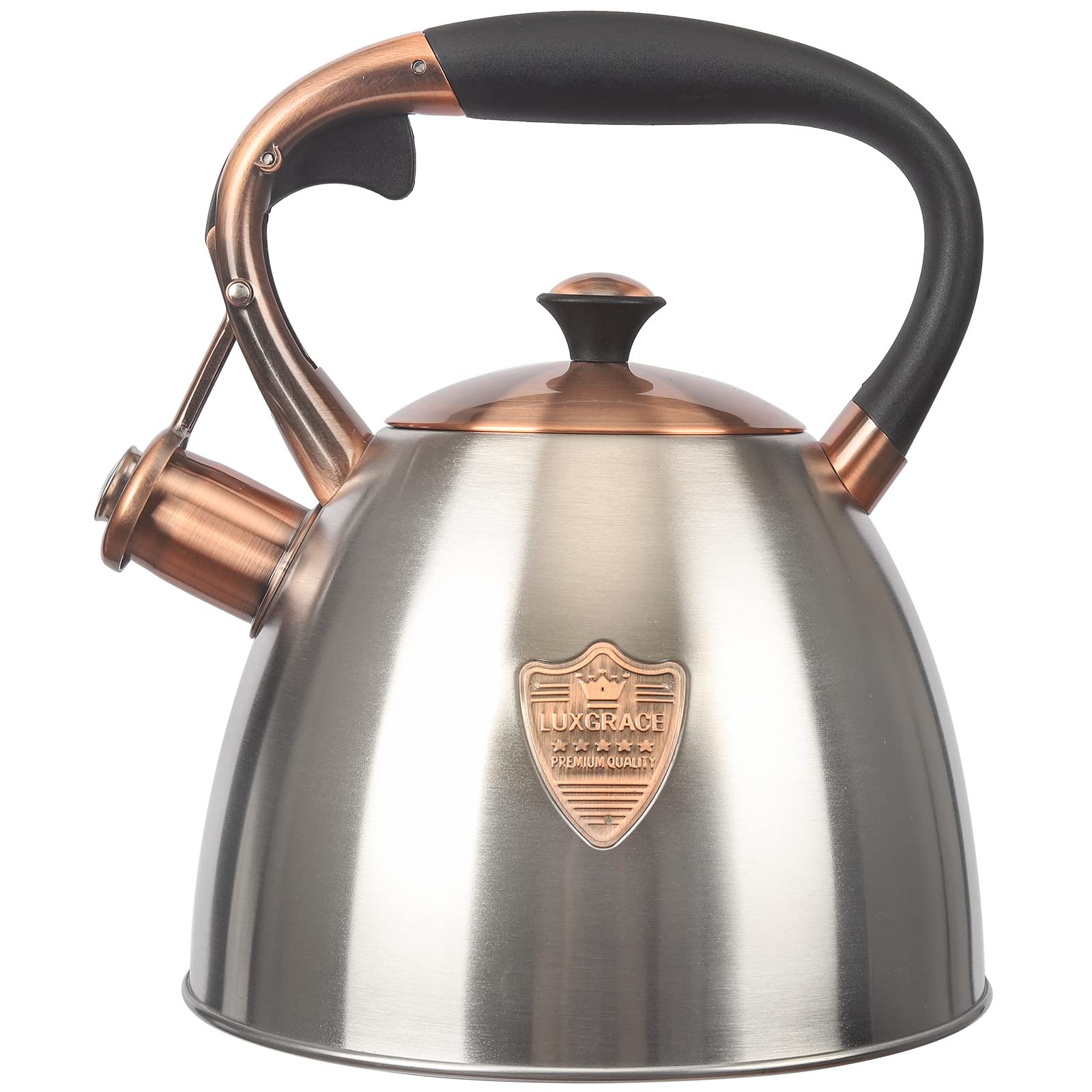 LUXGRACE tea kettle on stovetop, top view, showcasing durable stainless steel design