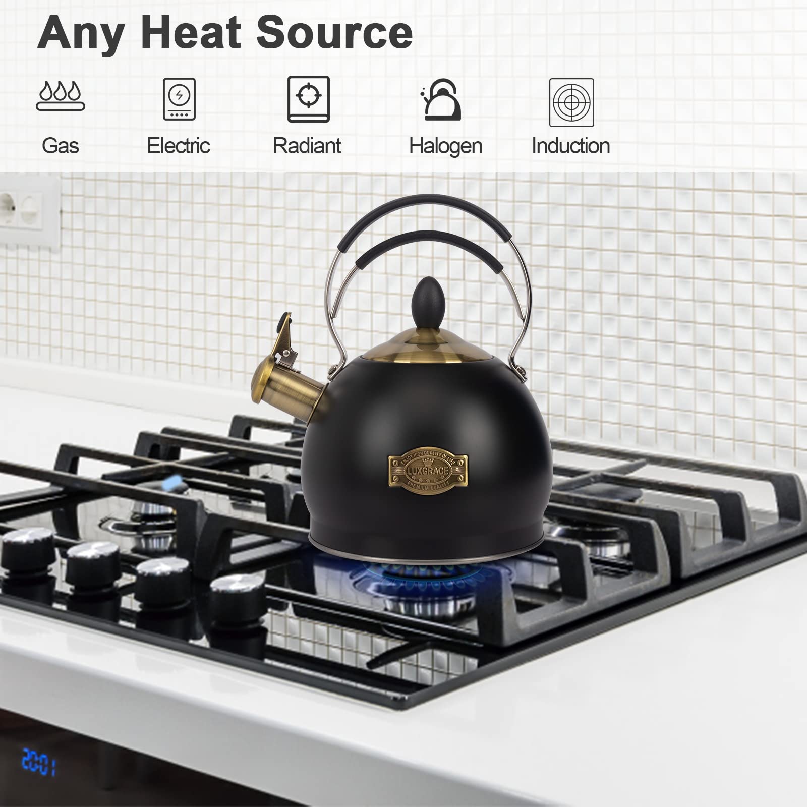 LUXGRACE induction-compatible teakettle for even heat on modern stoves.