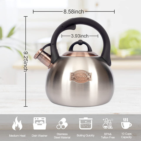 Induction-compatible LUXGRACE teakettle ready for modern stoves.