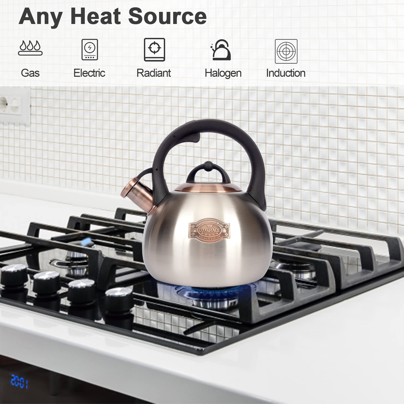 Close-up of lid and spout on the LUXGRACE teakettle showing a tight seal.