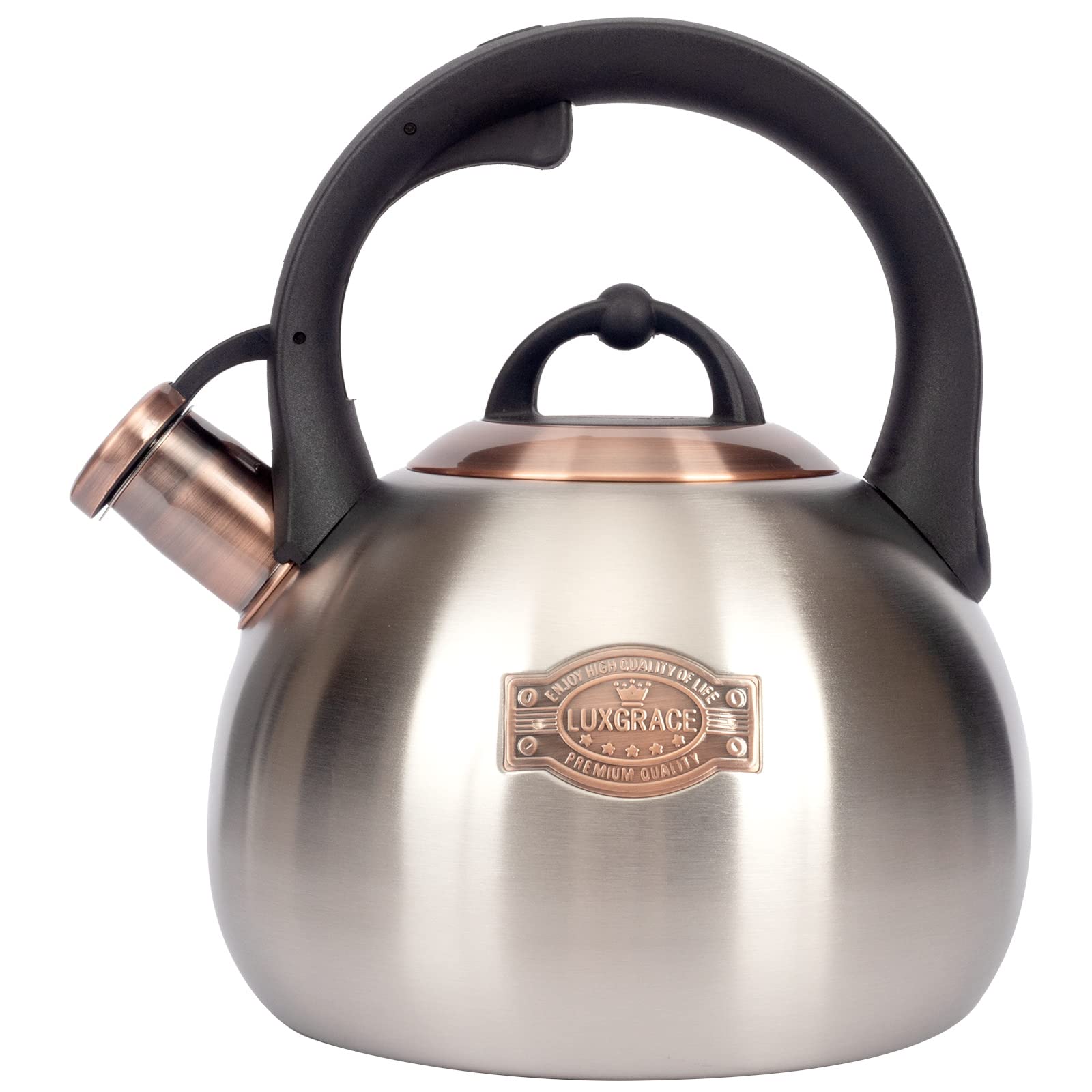 LUXGRACE teal teakettle on the stovetop heats evenly with a 5-layer bottom.