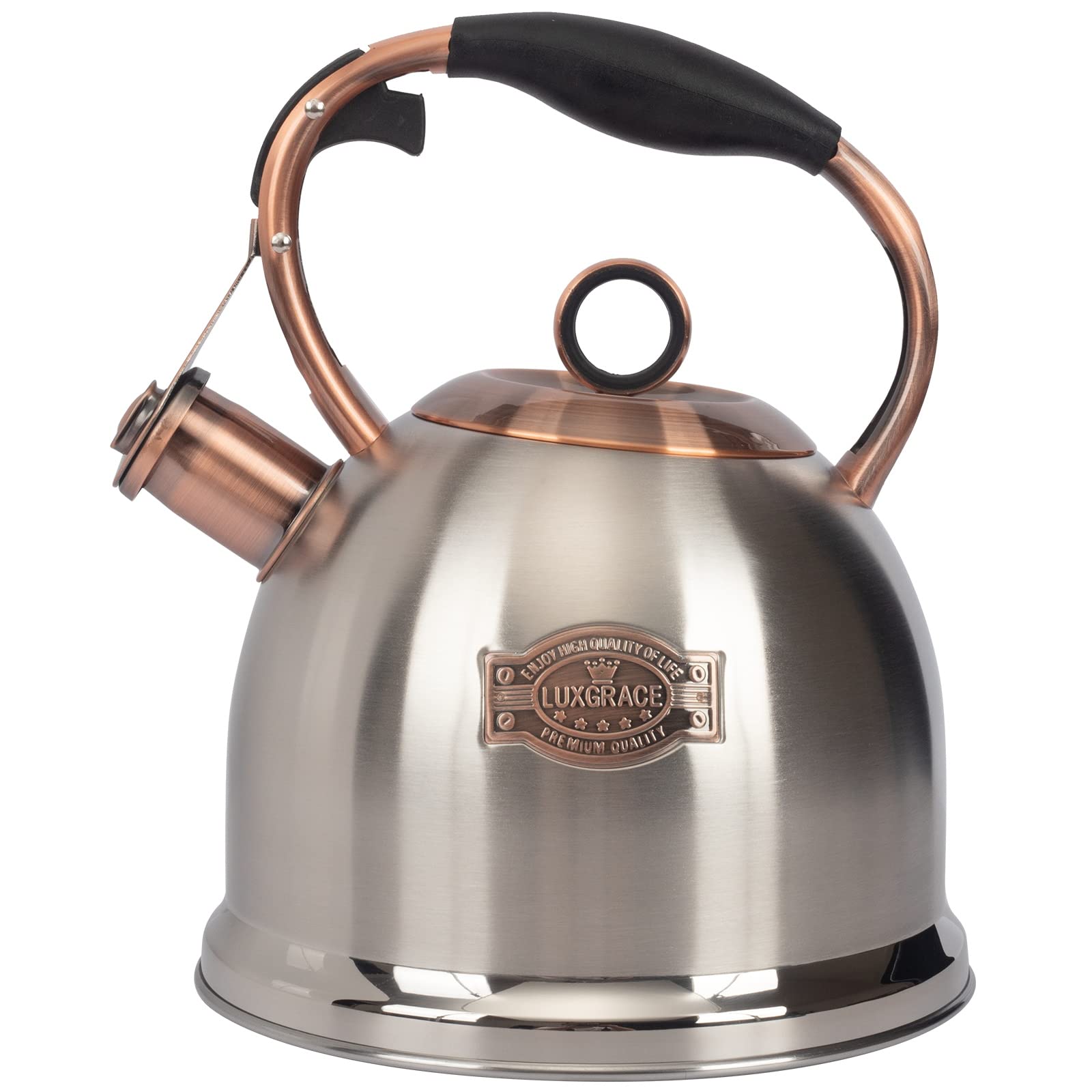 LuxGrace whistling stovetop tea kettle close-up showing durable stainless steel build for fast boiling