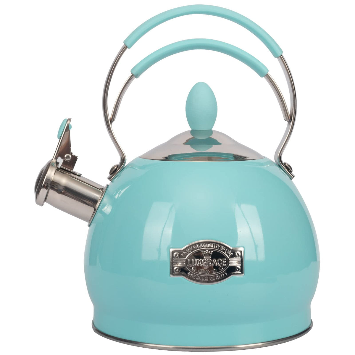 LUXGRACE whistling tea kettle in full view, signaling boiling for busy mornings.
