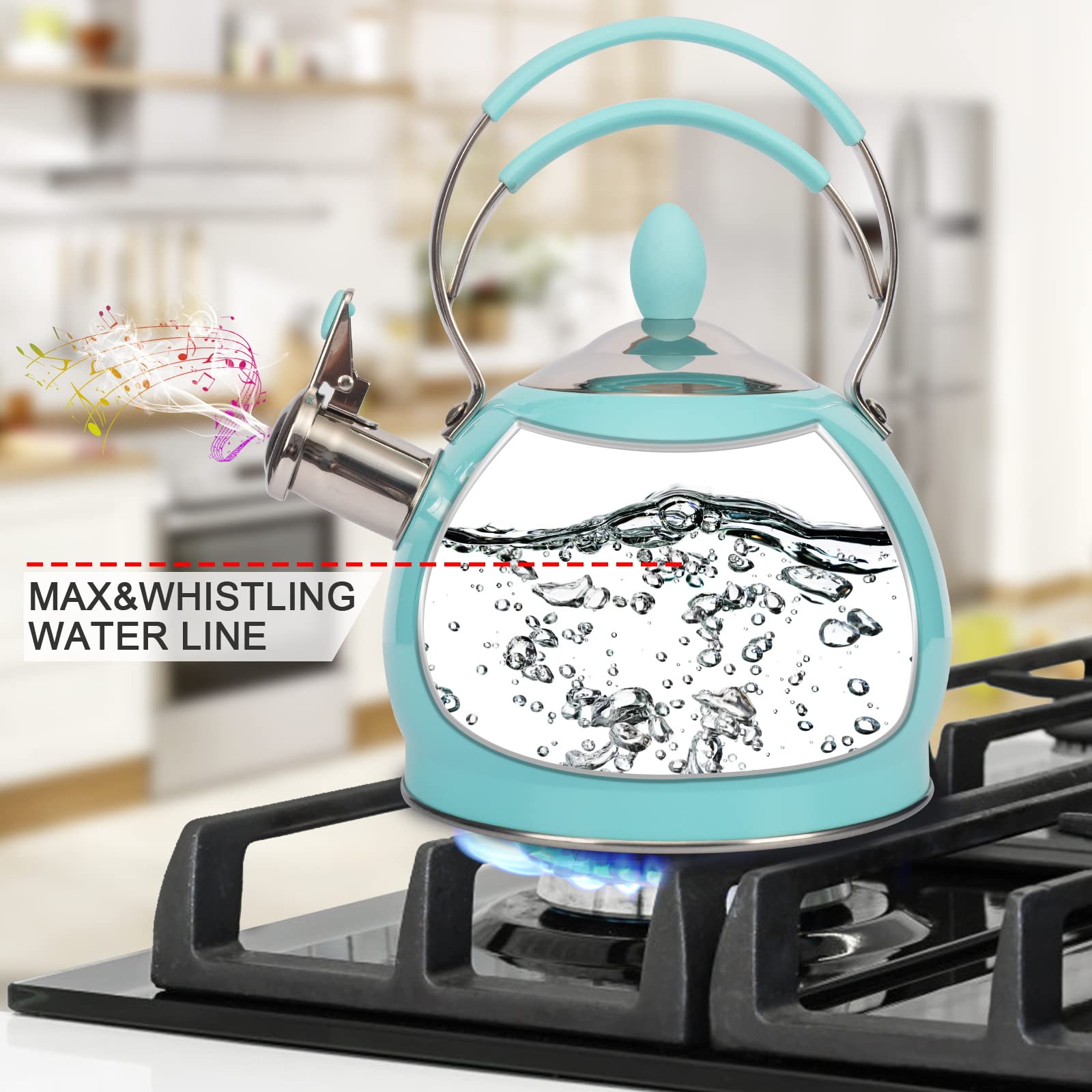 LUXGRACE whistling tea kettle on induction, versatile across heat sources.