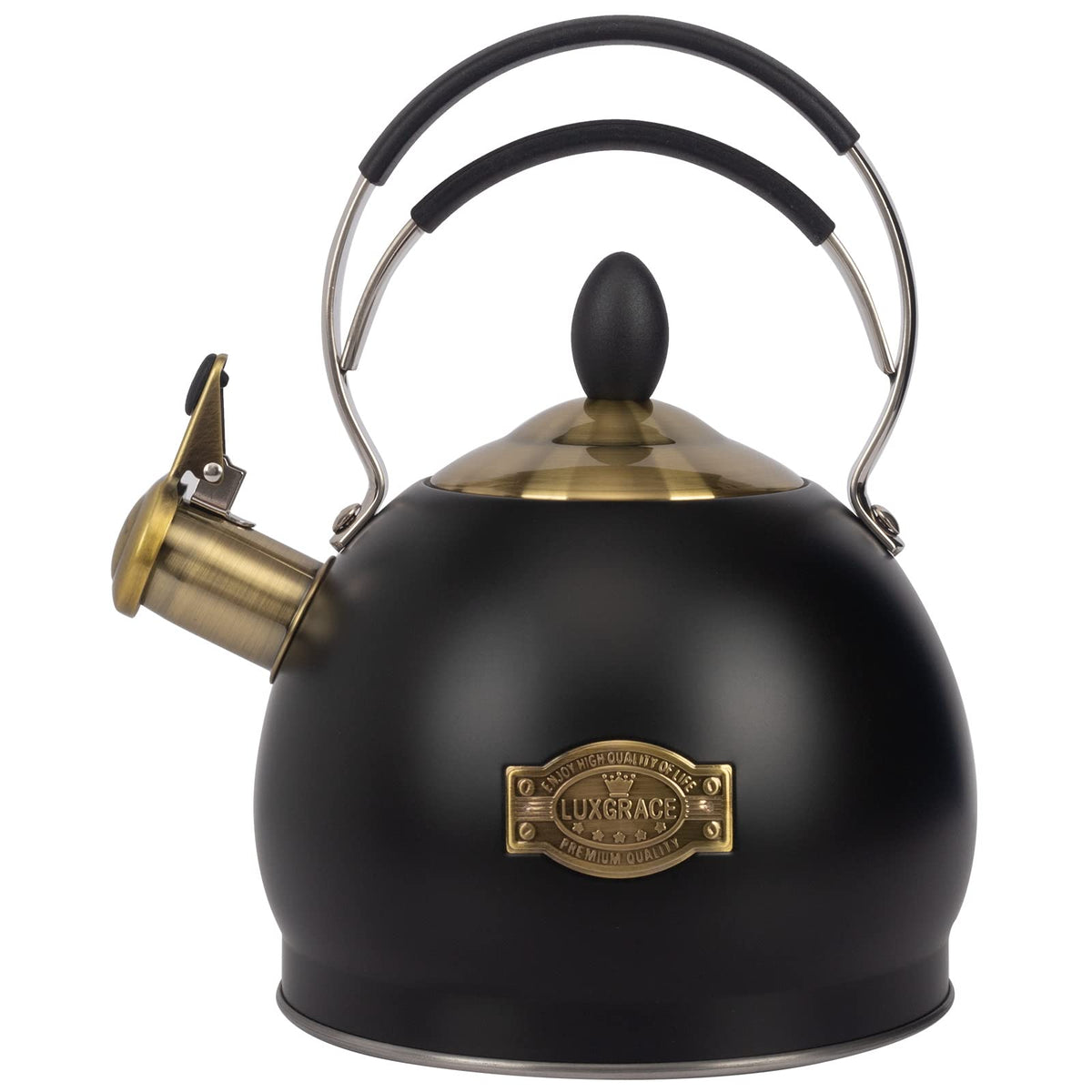 LUXGRACE whistling tea kettle in stainless steel, ideal for fast water boiling on stovetops.