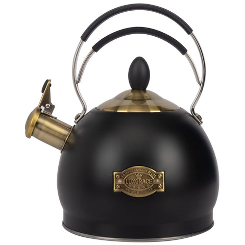 LUXGRACE whistling tea kettle in stainless steel, ideal for fast water boiling on stovetops.