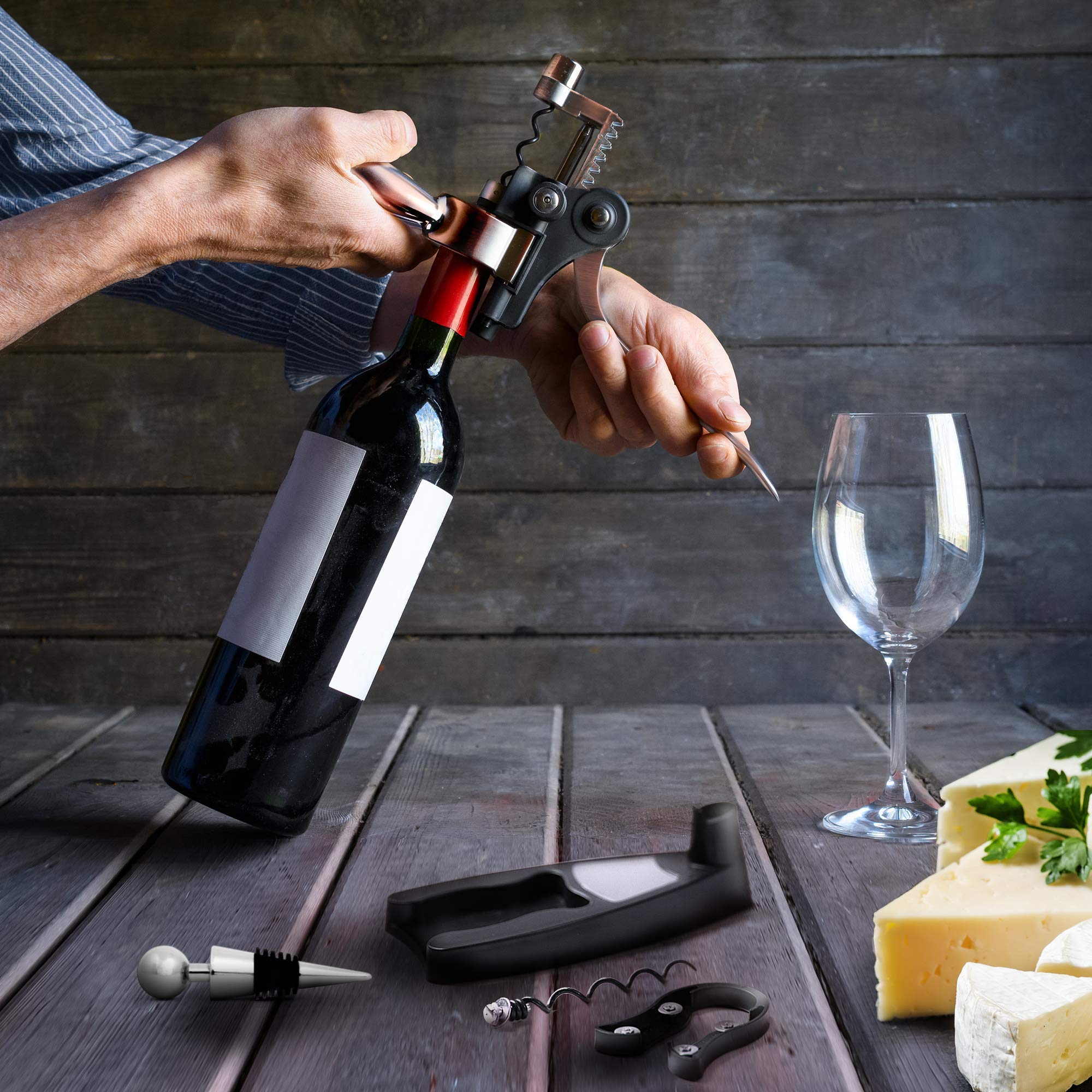 Luxiluxy 5-piece set on display showing complete wine-accessory versatility.