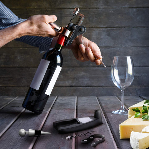 Luxiluxy 5-piece set on display showing complete wine-accessory versatility.