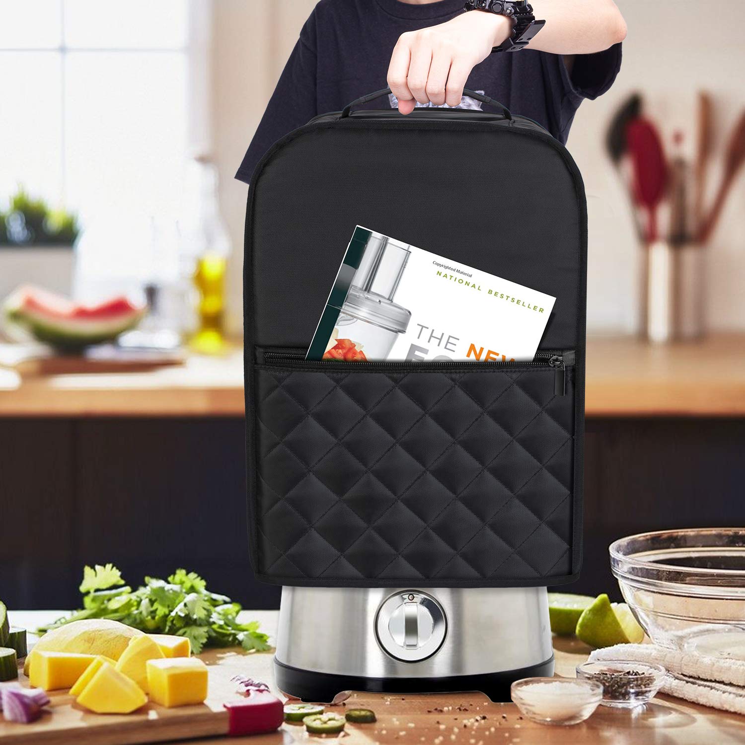 Luxja cover front pocket stores spatula and recipe book for easy access.