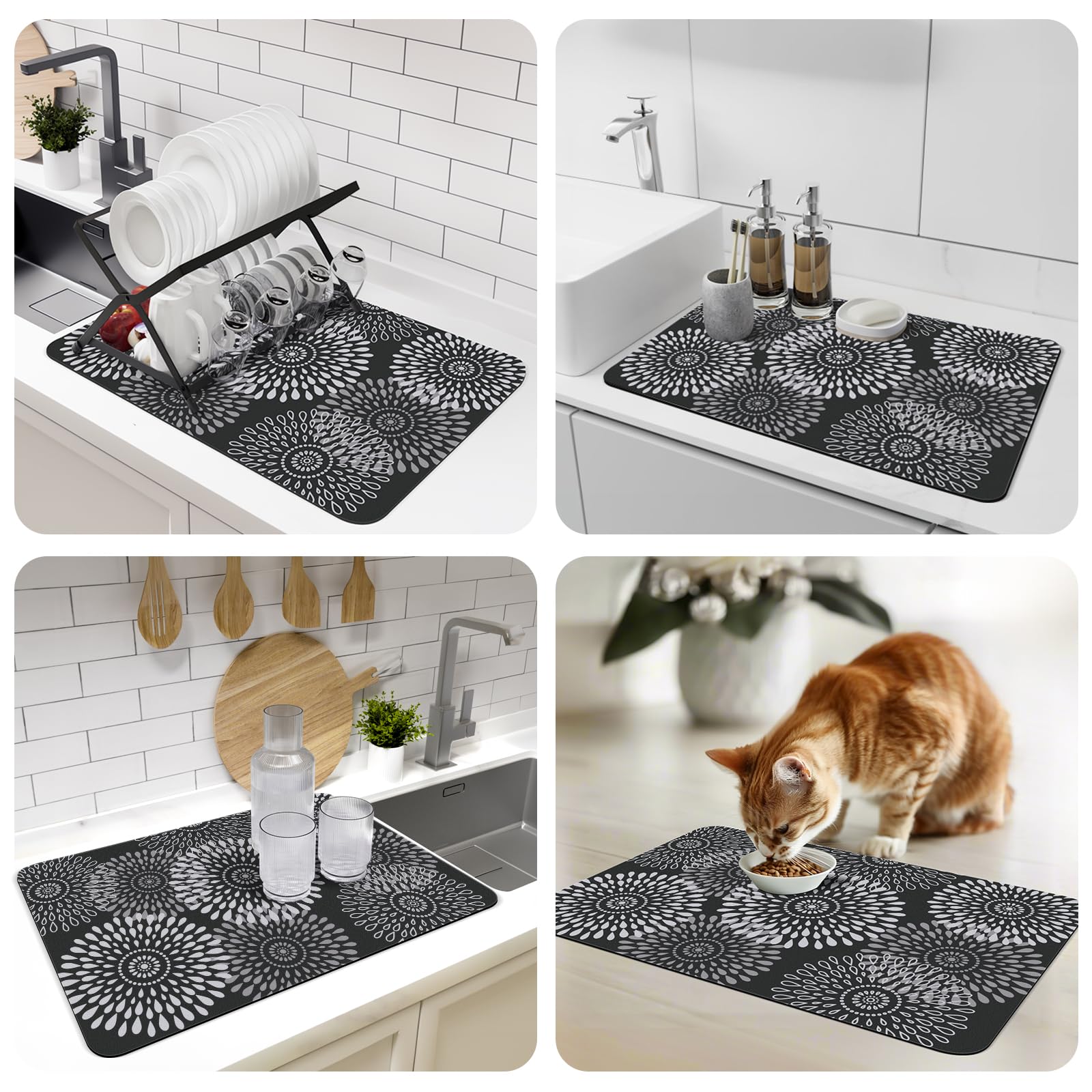 LuxStep dish drying mat in use on countertop drying dishes and utensils.