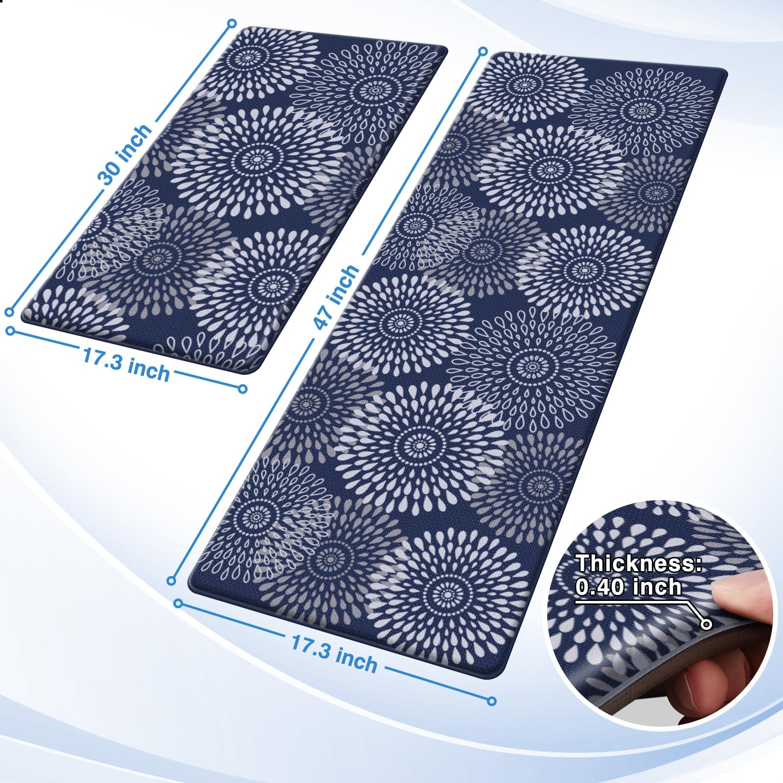 LuxStep kitchen mat blue anti-fatigue 17.3x47 supports long standing tasks at the sink.