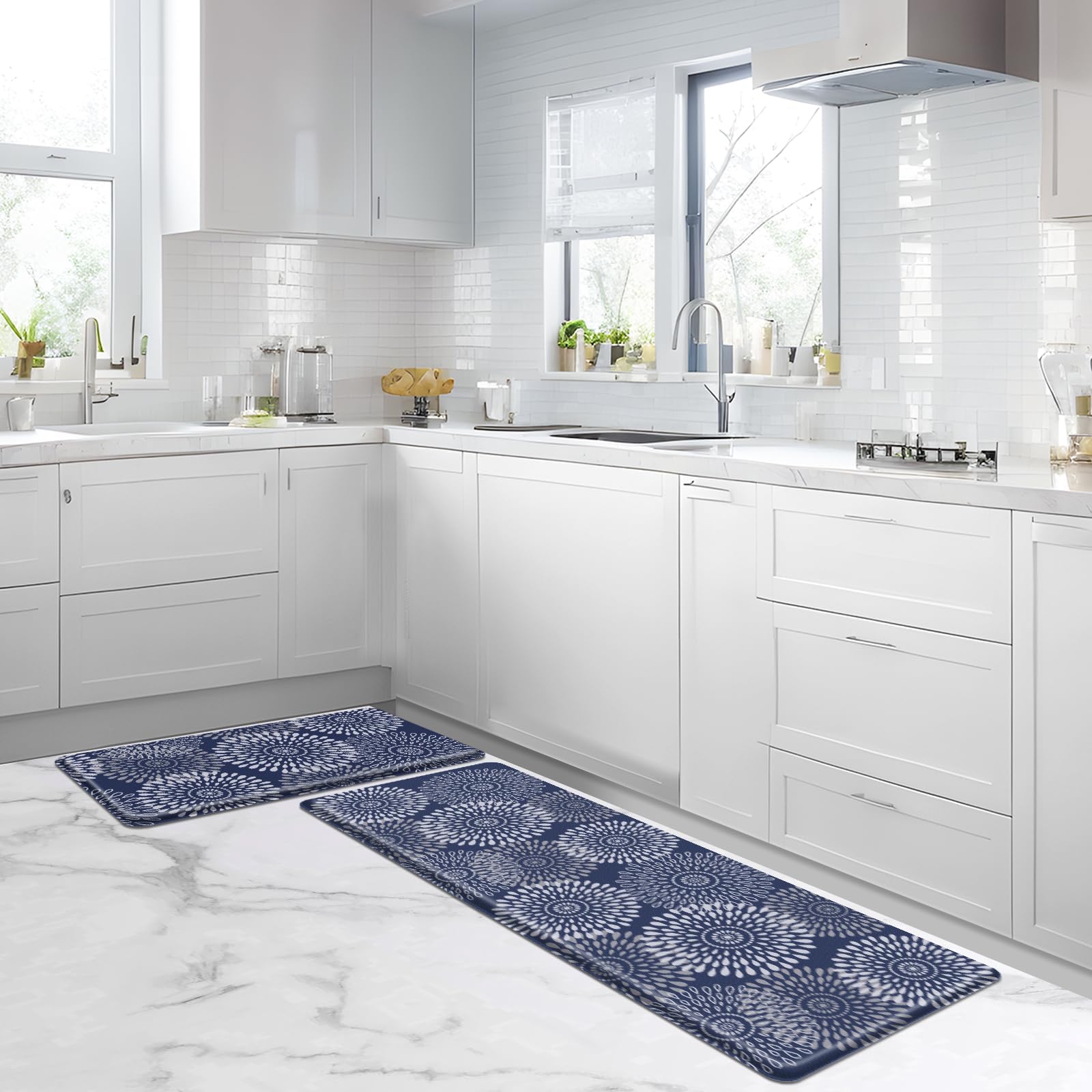 LuxStep non-slip backing keeps the blue kitchen mat secure on floors.