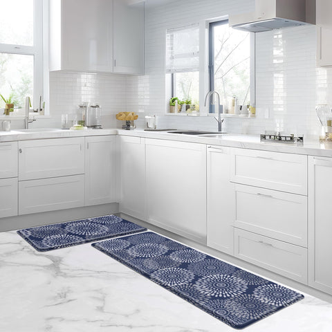 LuxStep non-slip backing keeps the blue kitchen mat secure on floors.
