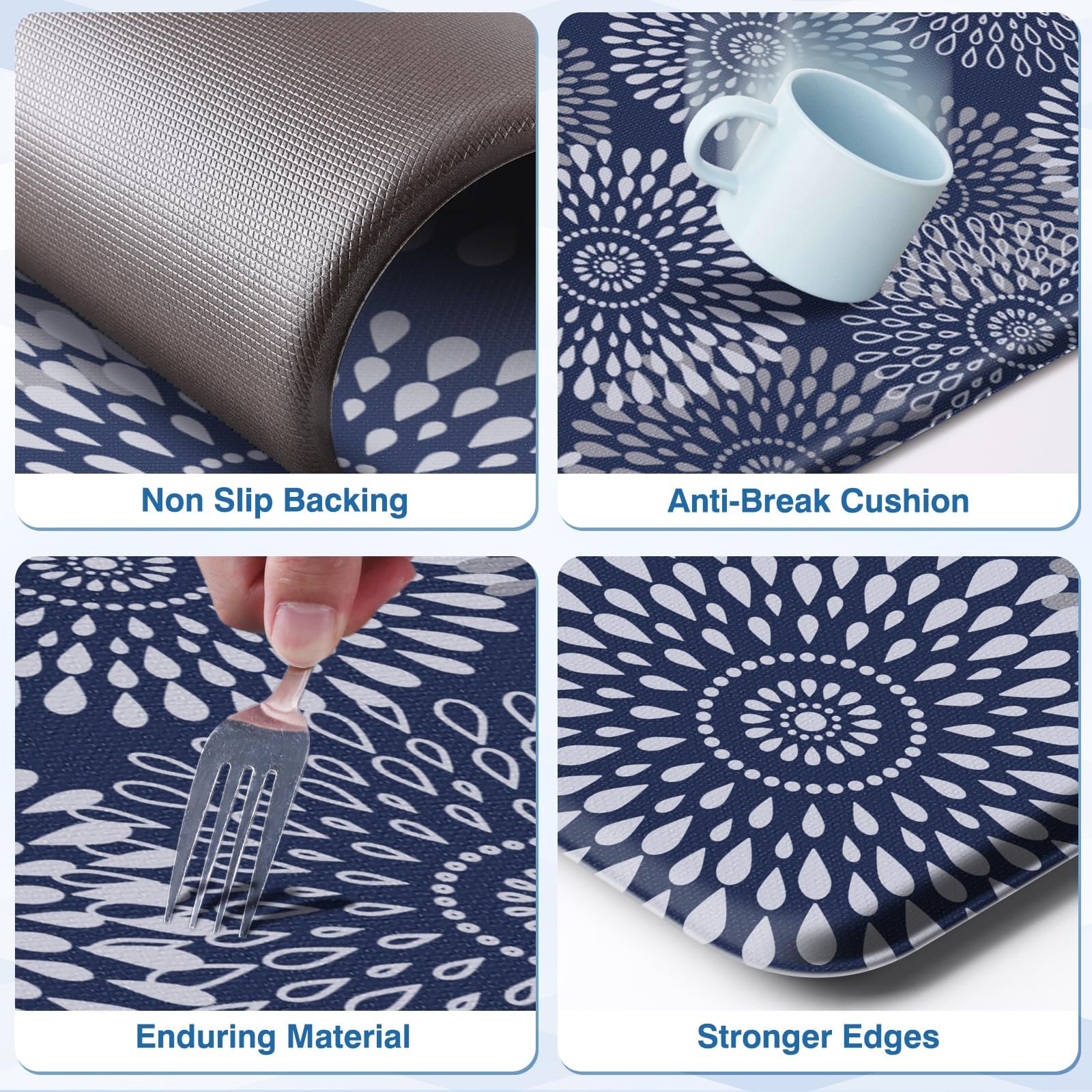 LuxStep blue kitchen mat resists stains and wipes clean with a damp cloth.