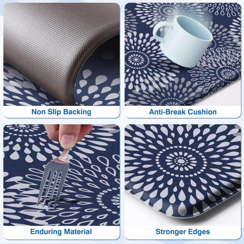 LuxStep blue kitchen mat resists stains and wipes clean with a damp cloth.