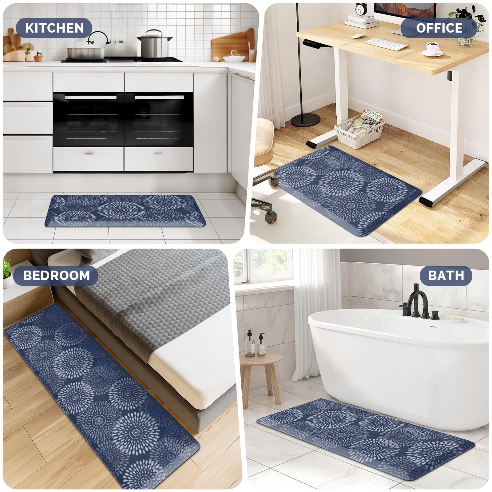 LuxStep blue mat on tile and wood floors, illustrating multi-surface compatibility.