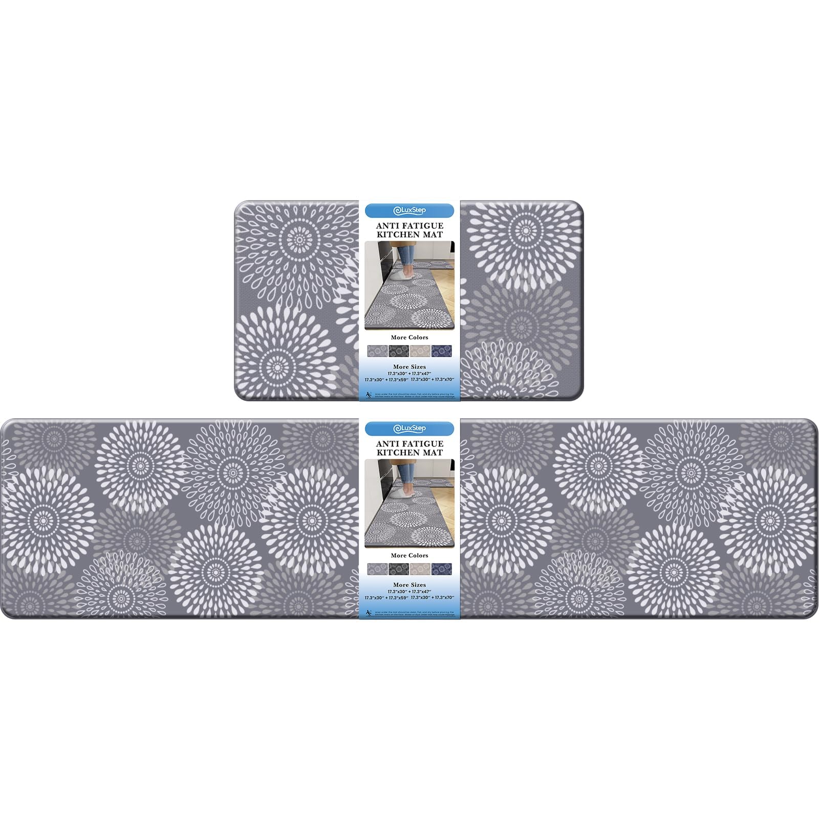 LuxStep kitchen mat front view on tile floor offering cushioned comfort and anti-slip stability.