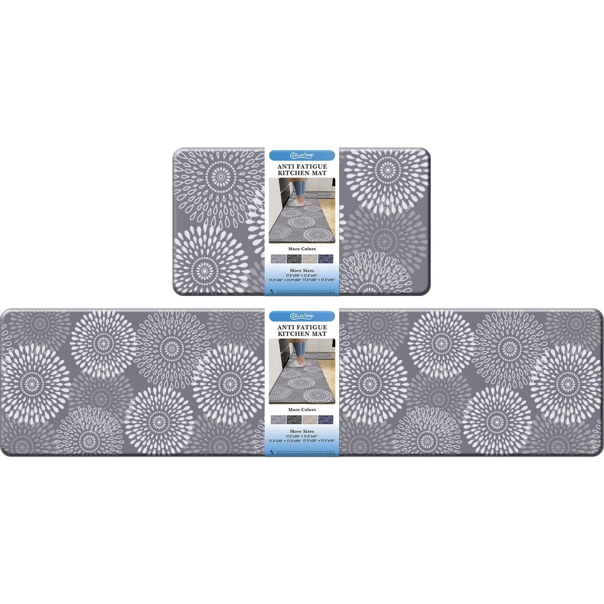 LuxStep kitchen mat front view on tile floor offering cushioned comfort and anti-slip stability.