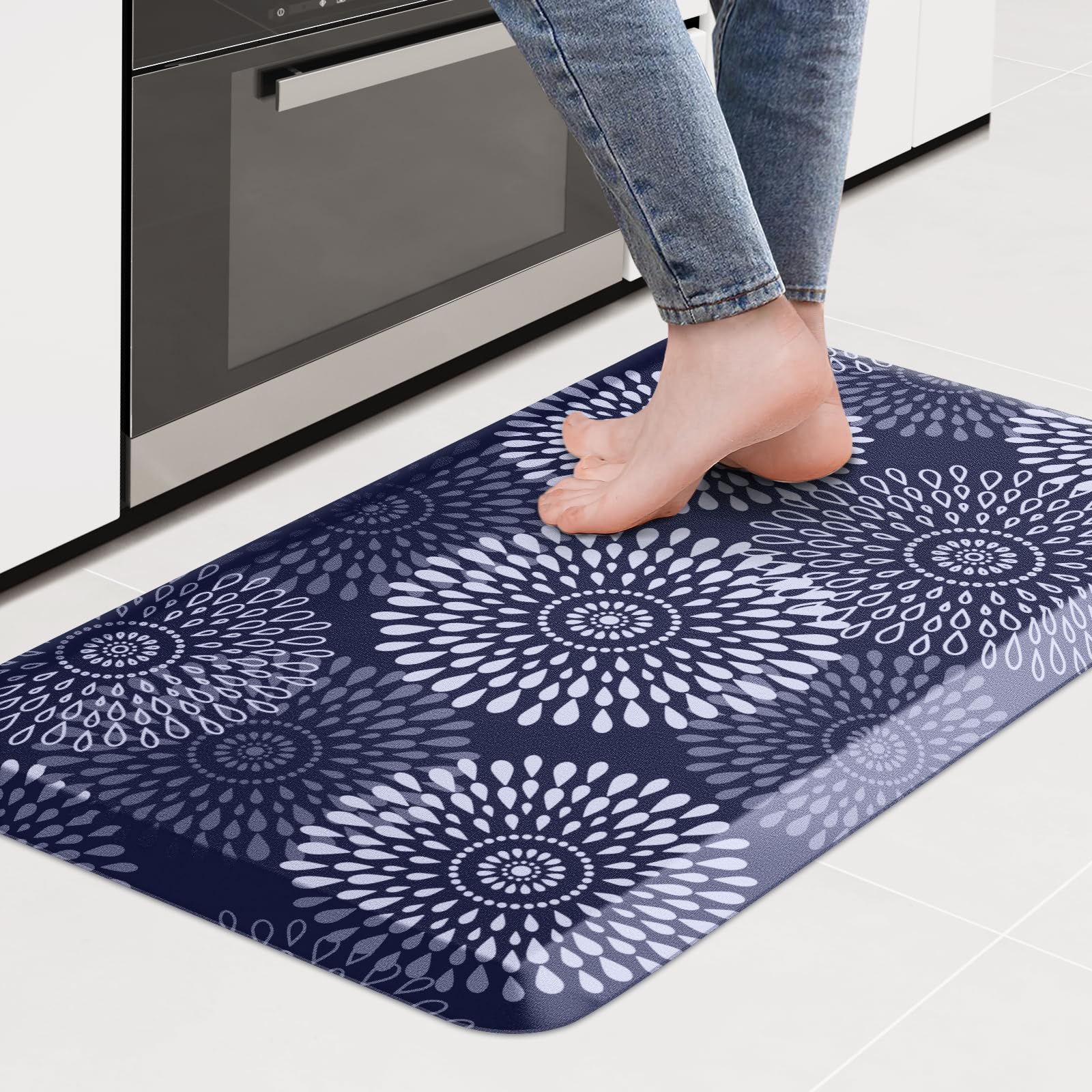 LuxStep kitchen mat viewed from above in blue, offering comfortable support for long cooking sessions.