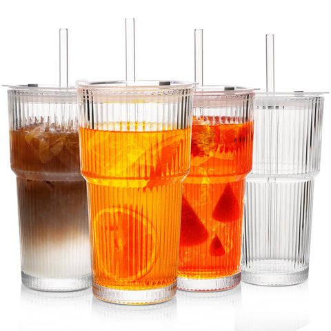 LUXULISH 20oz ribbed glass tumbler with lid; secure seal for spill-free travel.