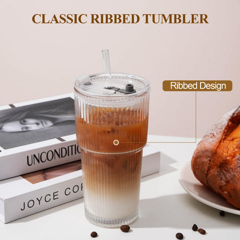 LUXULISH 20oz ribbed glass tumbler with straw; ideal for convenient sipping on the go.