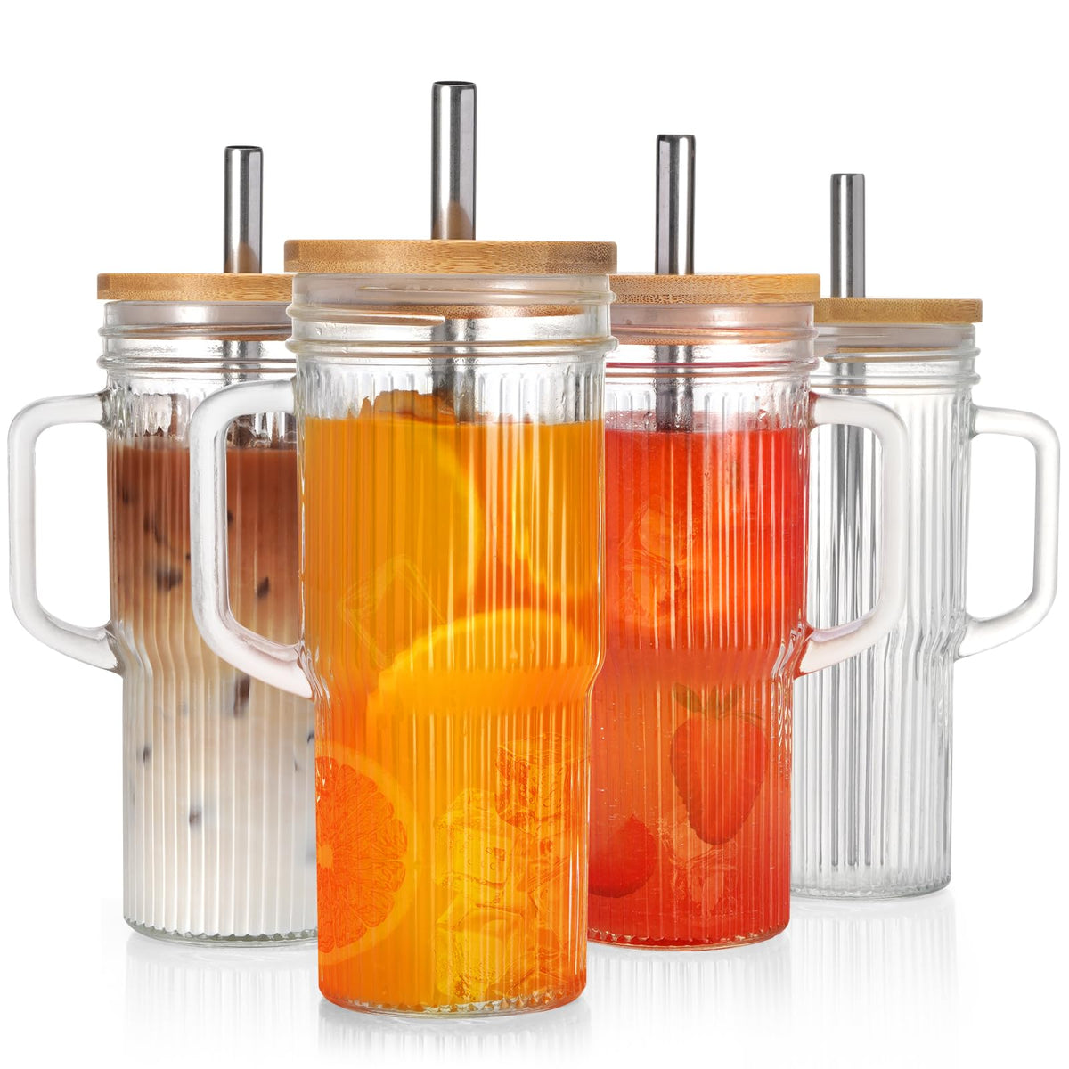 LUXULISH ribbed glass tumbler with handle for easy grip and on the go sipping