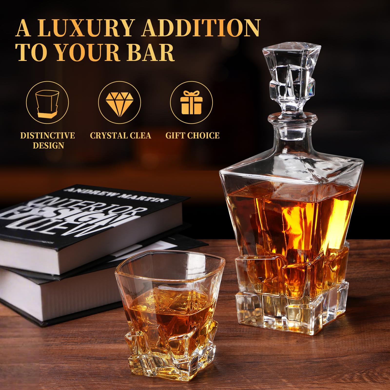 LUXULISH 10oz whiskey glasses set paired with decanter for sharing tastings