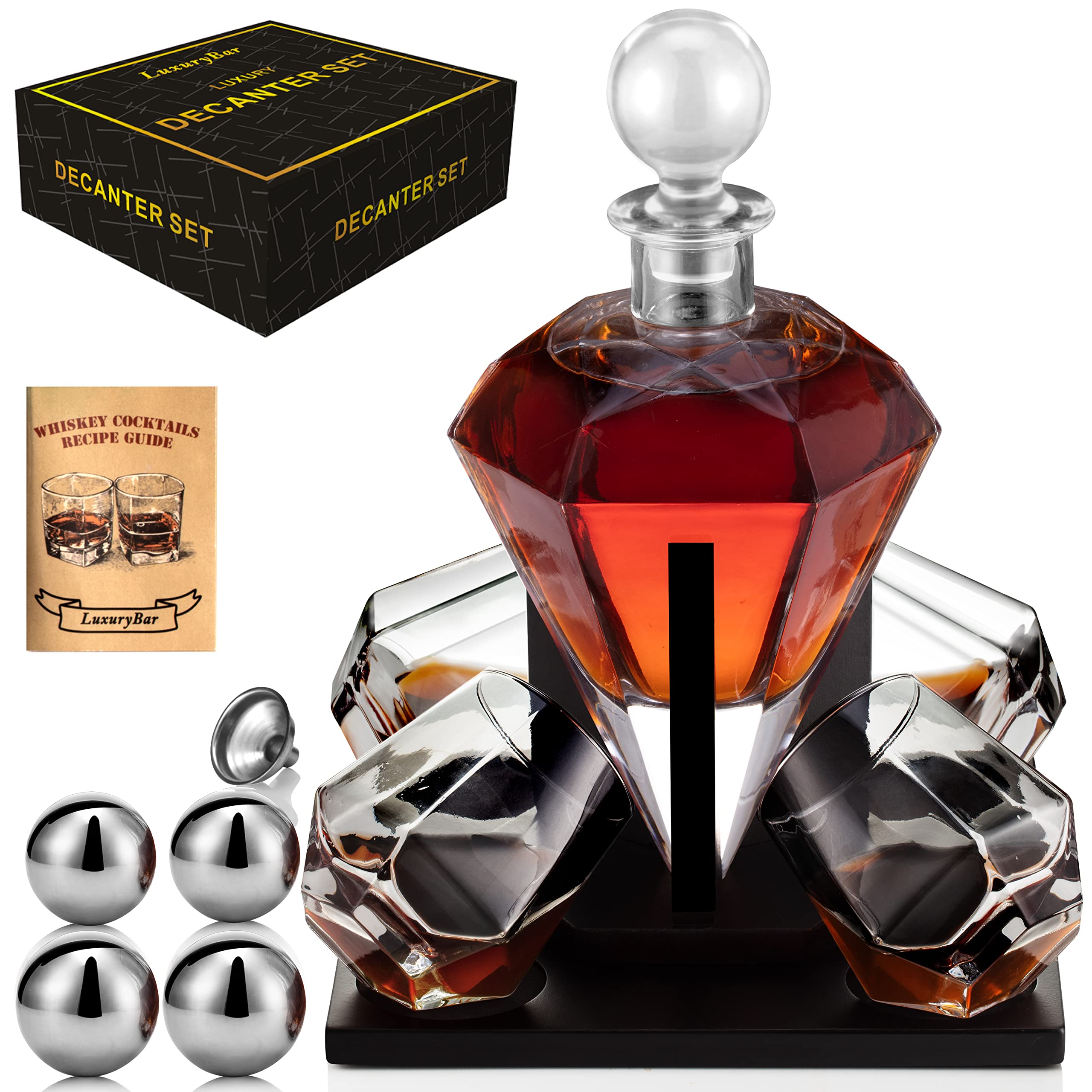 LuxuryBar Diamond whiskey decanter set with glasses for elegant home entertaining.
